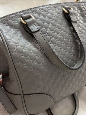 Gucci Mini Bree Tote Grey Embossed GG Satchel with Gold Hardware